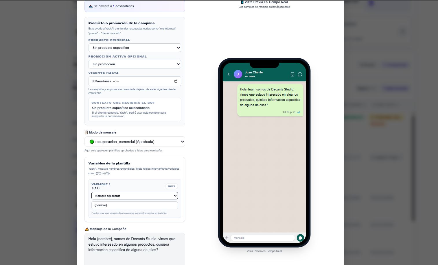 Panel de campañas YachAI con preview en tiempo real